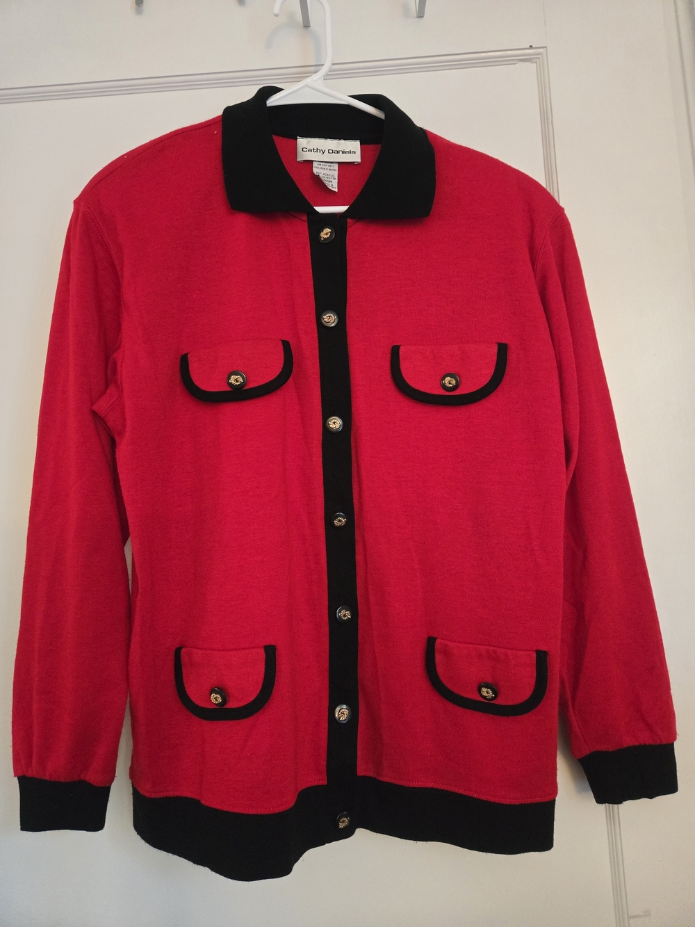 Cathy Daniels Cute Red Cardigan with Black Trim and Gold Buttons